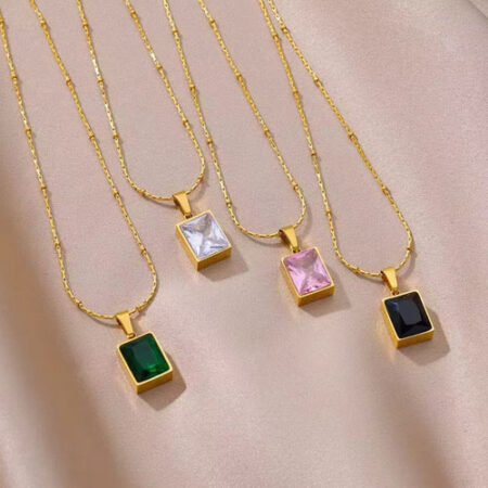 Gold Rectangular Crystal Pendant Necklace